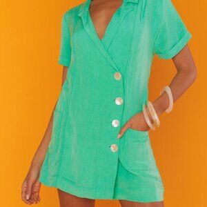 Show Me Your Mumu Bicoastal Blazer Romper Seafoam Linen XS Button Front Summer